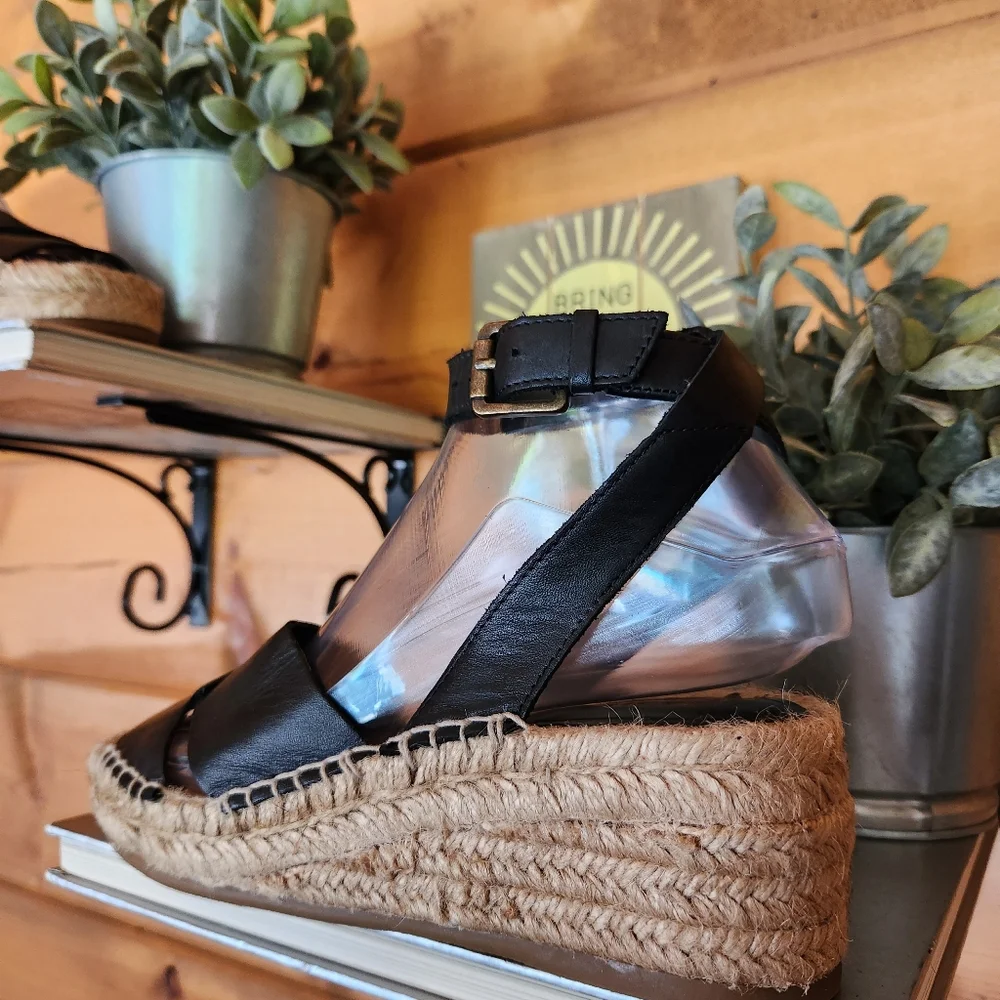 Nine West 💜 Edwisha Espadrilles Wedge Platform Sandals Black Leather Shoe 6.5 M